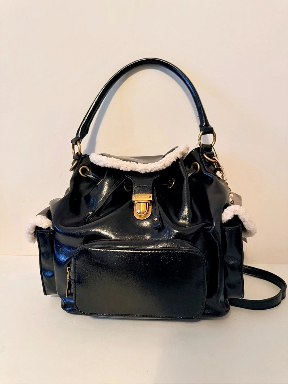 Steve Madden Black & White Faux-Fur Trim Backpack
